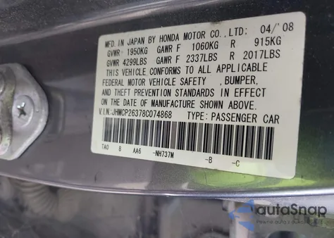 2008 Honda Accord 2.4 Lx z USA, uszkodzony, nr VIN JHMCP26378C074868